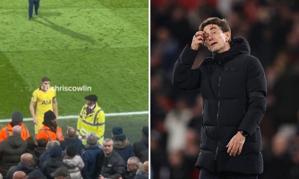 Split image of Micky van de Ven confronting Tottenham fans and Thomas Frank
