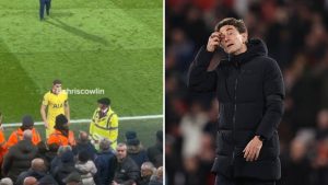 Split image of Micky van de Ven confronting Tottenham fans and Thomas Frank