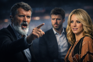 Roy Keane gestures angrily as Michael Carrick and his wife Lisa Carrick look on in the background