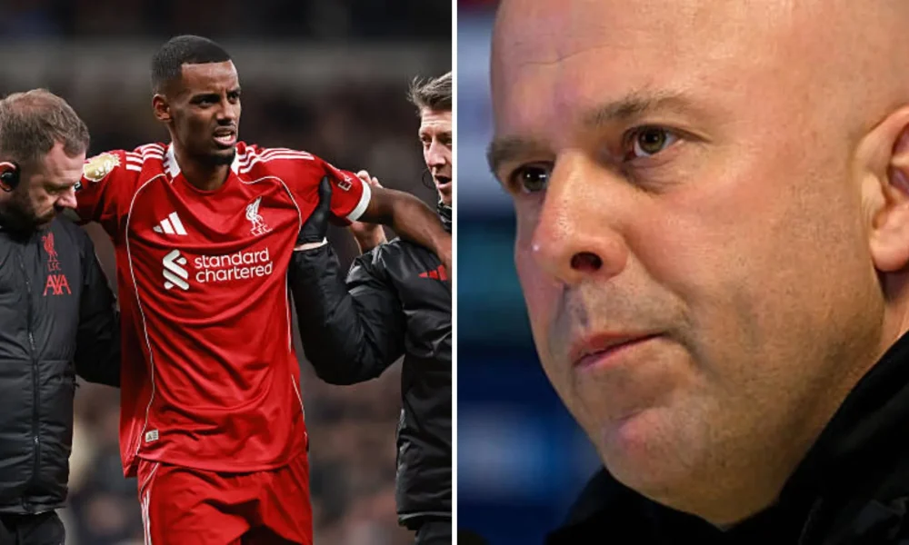 Split image of Alexander Isak injured vs Tottenham and Arne Slot looking on during press conference