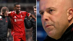 Split image of Alexander Isak injured vs Tottenham and Arne Slot looking on during press conference