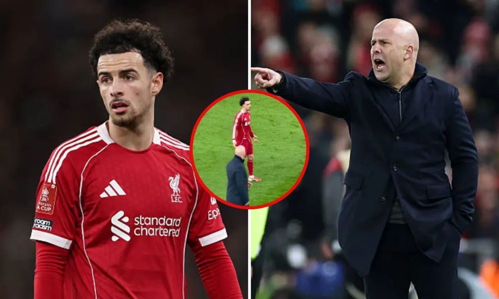 Split image of Curtis Jones and Arne Slot with overlay of the fan footage by Asim_LFC