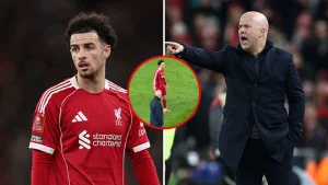 Split image of Curtis Jones and Arne Slot with overlay of the fan footage by Asim_LFC