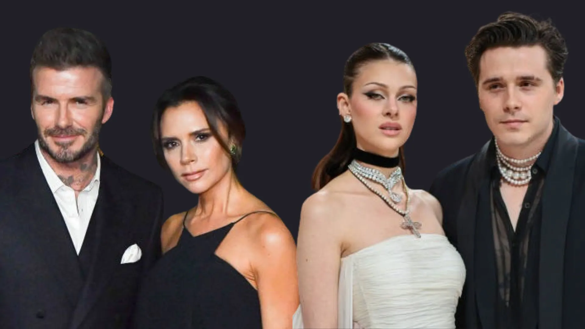 Split-screen image showing David and Victoria Beckham on one side and Brooklyn Beckham with Nicola Peltz on the other, separated by a cracked-glass effect symbolising a family feud.