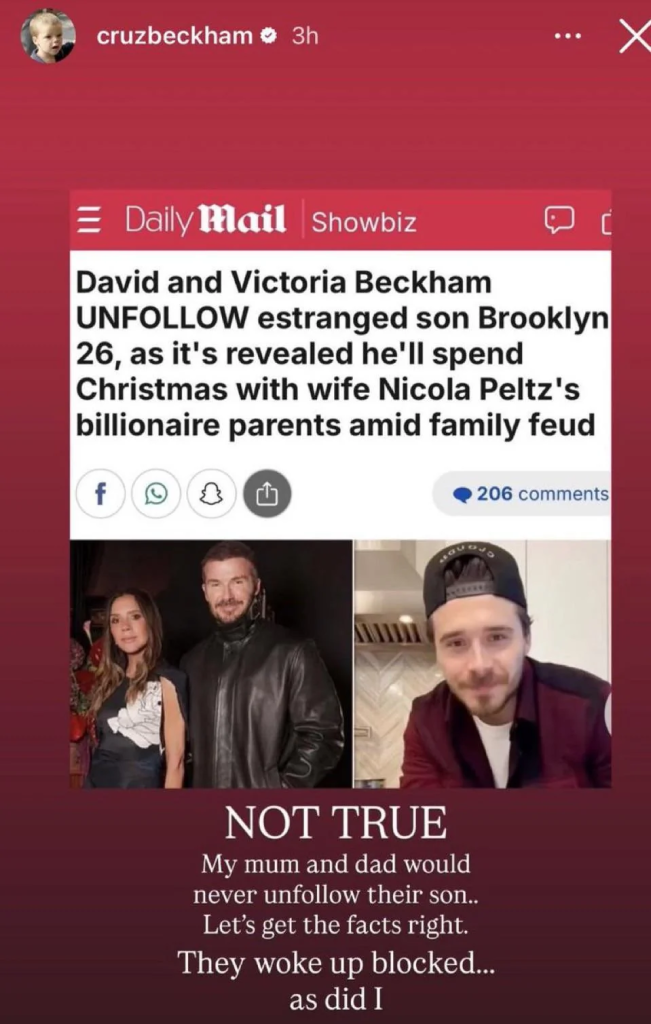 Screenshot of Cruz Beckham's Instagram story confirming Brooklyn blocked the family.