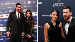 Lionel Messi and Alisson Becker with their wives
