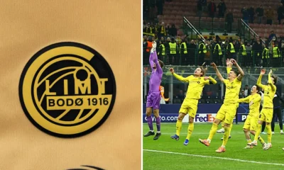 Split image of Bodo/Glimt badge and Bodo/Glimt players celebrating win vs Inter Milan
