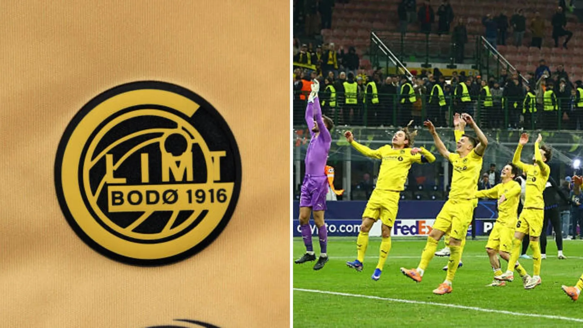 Split image of Bodo/Glimt badge and Bodo/Glimt players celebrating win vs Inter Milan