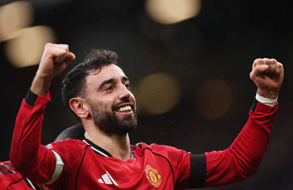 Bruno Fernandes of Manchester United celebrates scoring his team's second goal during the Premier League match between Manchester United and Tottenham