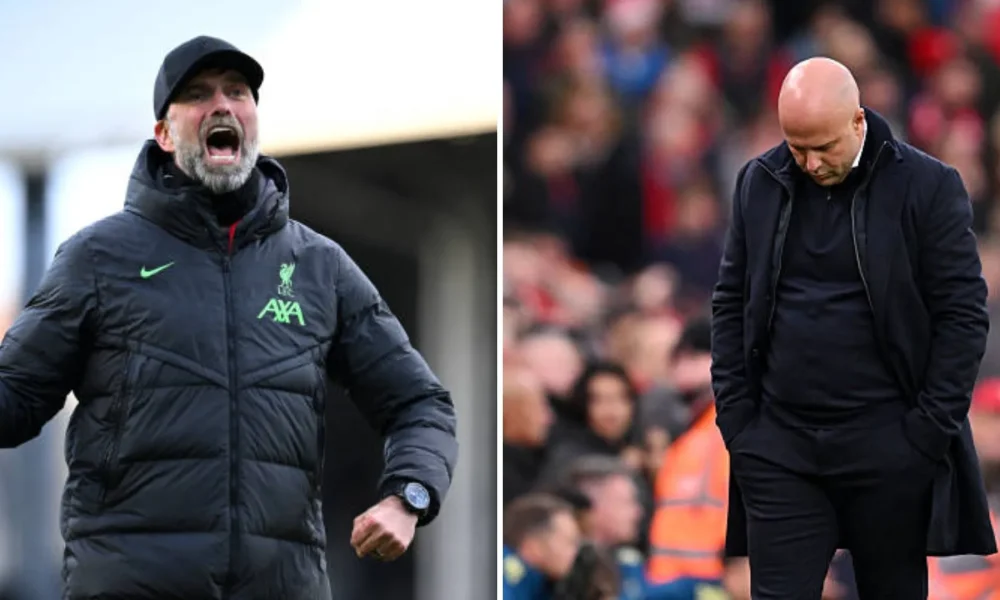Jurgen Klopp celebrating a stoppage time win vs Arne Slot dejected after Liverpool concede a 93rd minute goal against Manchester City.