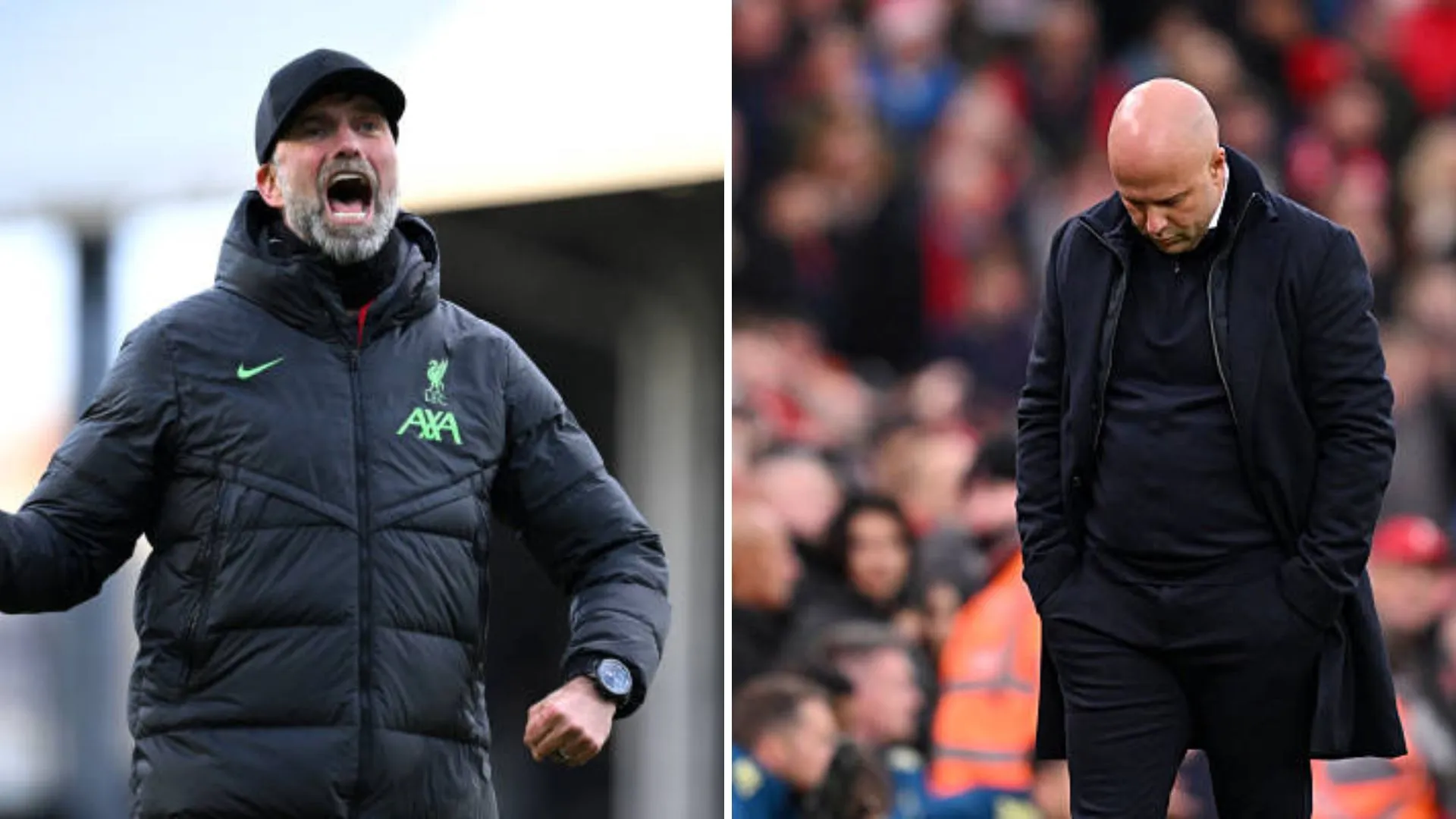 Jurgen Klopp celebrating a stoppage time win vs Arne Slot dejected after Liverpool concede a 93rd minute goal against Manchester City.