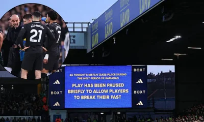 Message on screen at Elland Road about play being paused for Muslim players to break fast with overlay of