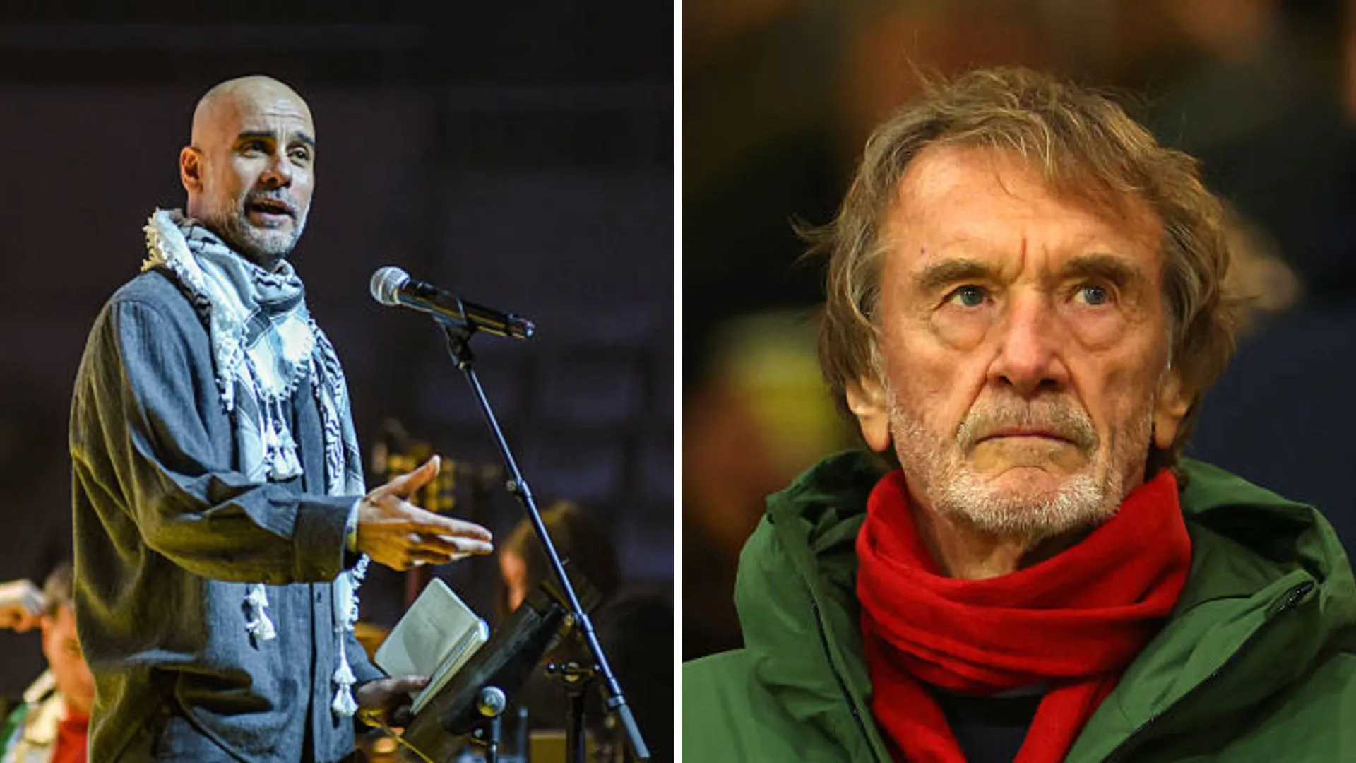 Split image of Pep Guardiola and Sir Jim Ratcliffe