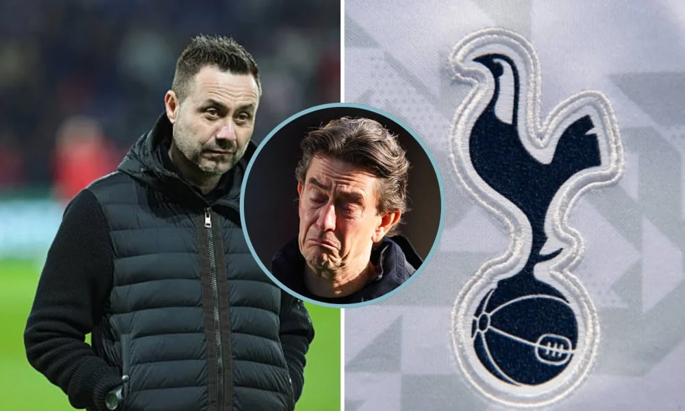 Split image of Roberto De Zerbi and Tottenham badge with overlay of Thomas Frank