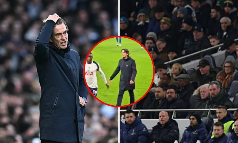 Split image of Thomas Frank looking dejected and Tottenham fans with overlay of fan footage from the incident