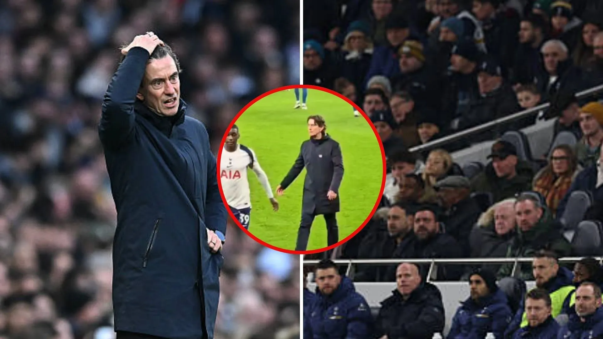 Split image of Thomas Frank looking dejected and Tottenham fans with overlay of fan footage from the incident