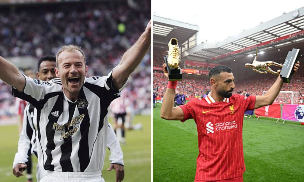Split image of Alan Shearer celebrates his final Premier League goal as Mohamed Salah celebrates his trophies at the end of the 2024/25 season.