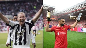 Split image of Alan Shearer celebrates his final Premier League goal as Mohamed Salah celebrates his trophies at the end of the 2024/25 season.