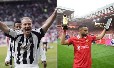 Split image of Alan Shearer celebrates his final Premier League goal as Mohamed Salah celebrates his trophies at the end of the 2024/25 season.