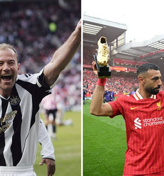 Split image of Alan Shearer celebrates his final Premier League goal as Mohamed Salah celebrates his trophies at the end of the 2024/25 season.