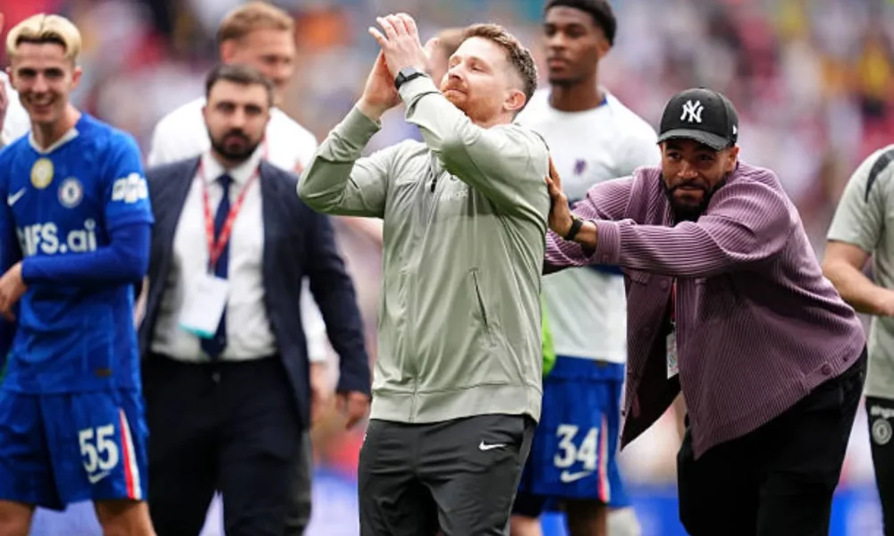 Reece James pushes Calum McFarlane toward Chelsea fans after FA Cup semi-final win vs Leeds