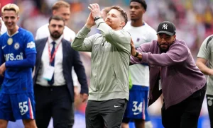Reece James pushes Calum McFarlane toward Chelsea fans after FA Cup semi-final win vs Leeds