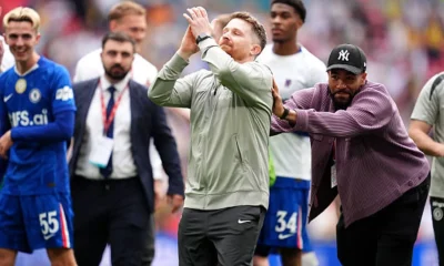 Reece James pushes Calum McFarlane toward Chelsea fans after FA Cup semi-final win vs Leeds
