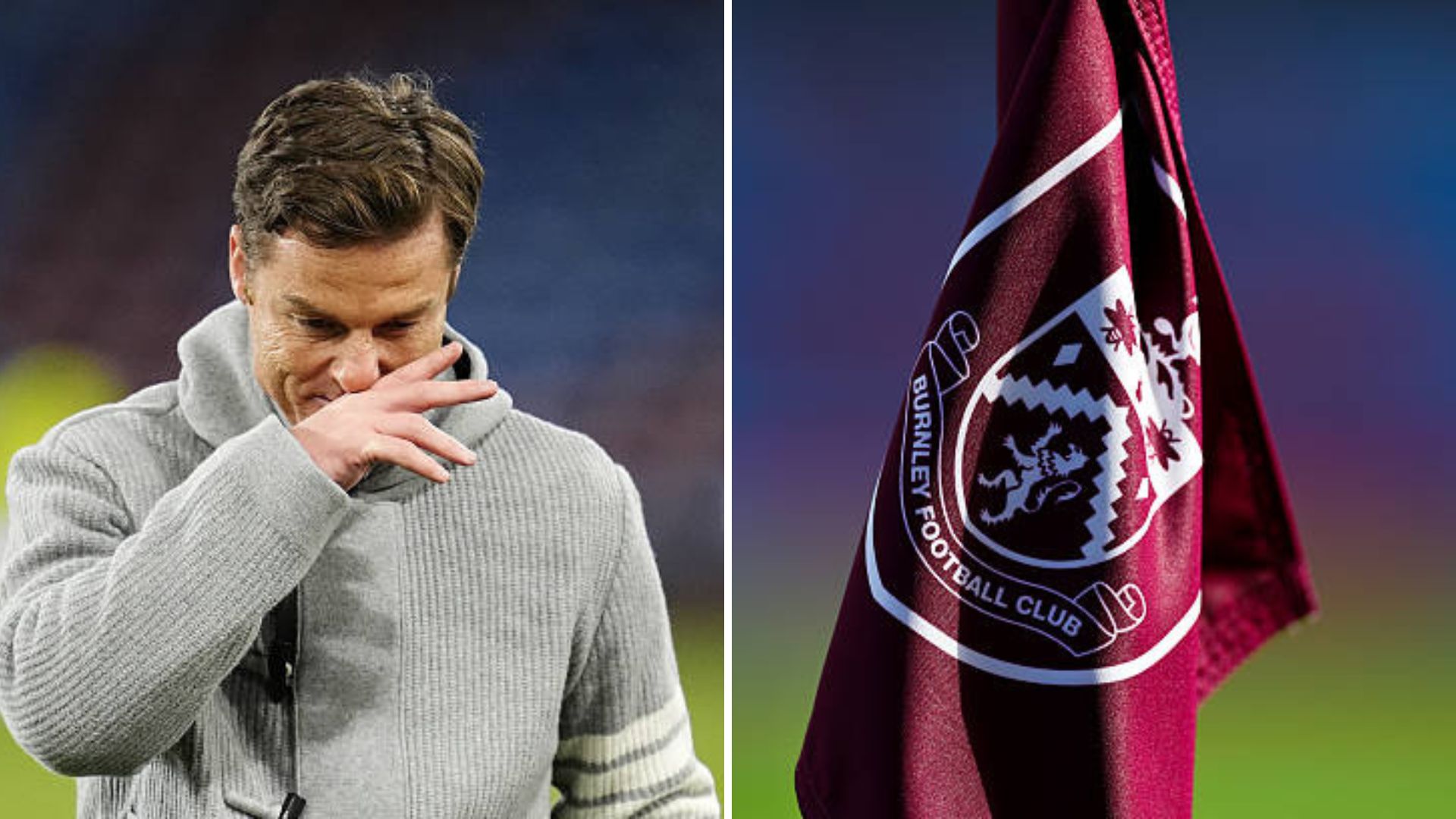 Split image featuring Scott Parker looking dejected after loss to Manchester City and the corner flag at Turf Moor.