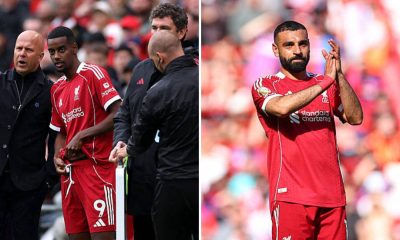 Split image featuring Alexander Isak standing with Arne Slot and Mohamed Salah clapping the Anfield crowd.
