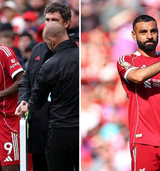 Split image featuring Alexander Isak standing with Arne Slot and Mohamed Salah clapping the Anfield crowd.