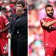 Split image featuring Alexander Isak standing with Arne Slot and Mohamed Salah clapping the Anfield crowd.