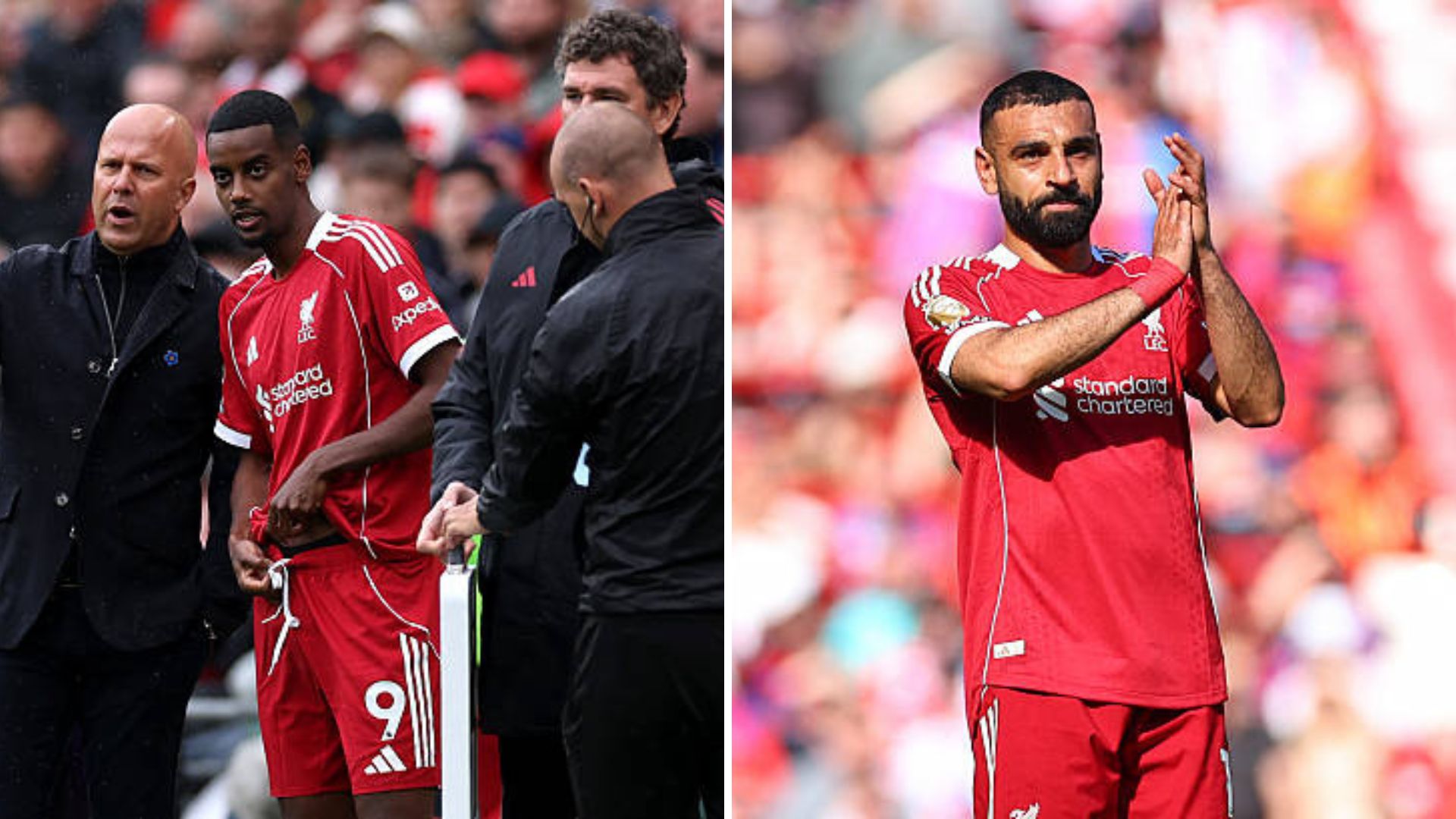 Split image featuring Alexander Isak standing with Arne Slot and Mohamed Salah clapping the Anfield crowd.