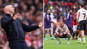 Split image featuring Arne Slot and Liverpool team looking dejected after defeat to Manchester United.