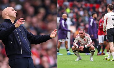 Split image featuring Arne Slot and Liverpool team looking dejected after defeat to Manchester United.