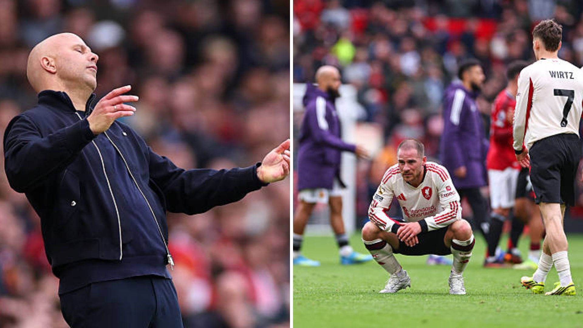 Split image featuring Arne Slot and Liverpool team looking dejected after defeat to Manchester United.