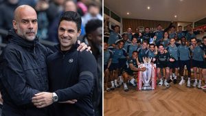Split image featuring Mikel Arteta with Pep Guardiola and the Arsenal team celebrating their Premier League triumph.