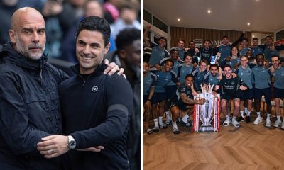 Split image featuring Mikel Arteta with Pep Guardiola and the Arsenal team celebrating their Premier League triumph.