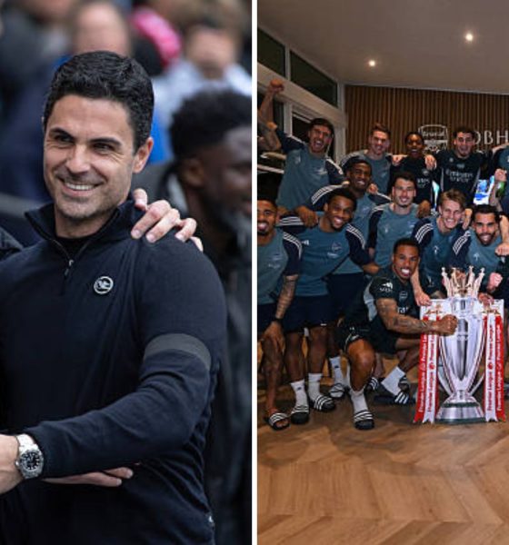 Split image featuring Mikel Arteta with Pep Guardiola and the Arsenal team celebrating their Premier League triumph.