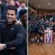Split image featuring Mikel Arteta with Pep Guardiola and the Arsenal team celebrating their Premier League triumph.