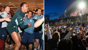 Split image featuring Arsenal players and their fans celebrating.