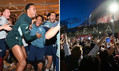 Split image featuring Arsenal players and their fans celebrating.