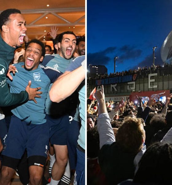 Split image featuring Arsenal players and their fans celebrating.