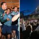 Split image featuring Arsenal players and their fans celebrating.