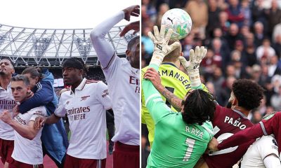 Split image featuring Arsenal players celebrating at West Ham and the moment where VAR intervened to rule out a late West Ham goal.