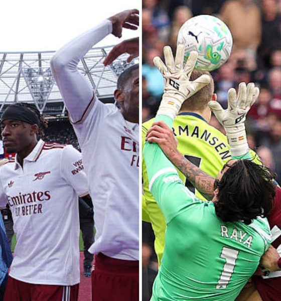 Split image featuring Arsenal players celebrating at West Ham and the moment where VAR intervened to rule out a late West Ham goal.