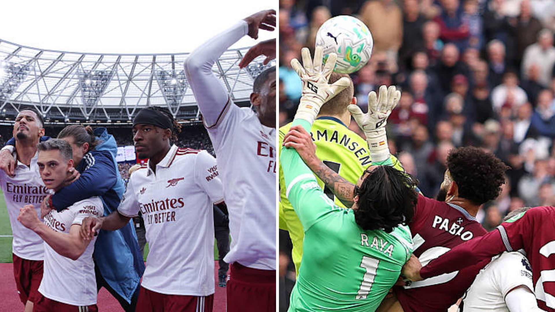 Split image featuring Arsenal players celebrating at West Ham and the moment where VAR intervened to rule out a late West Ham goal.
