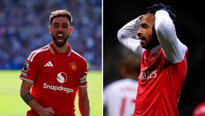 Split image featuring Bruno Fernandes and Thierry Henry.