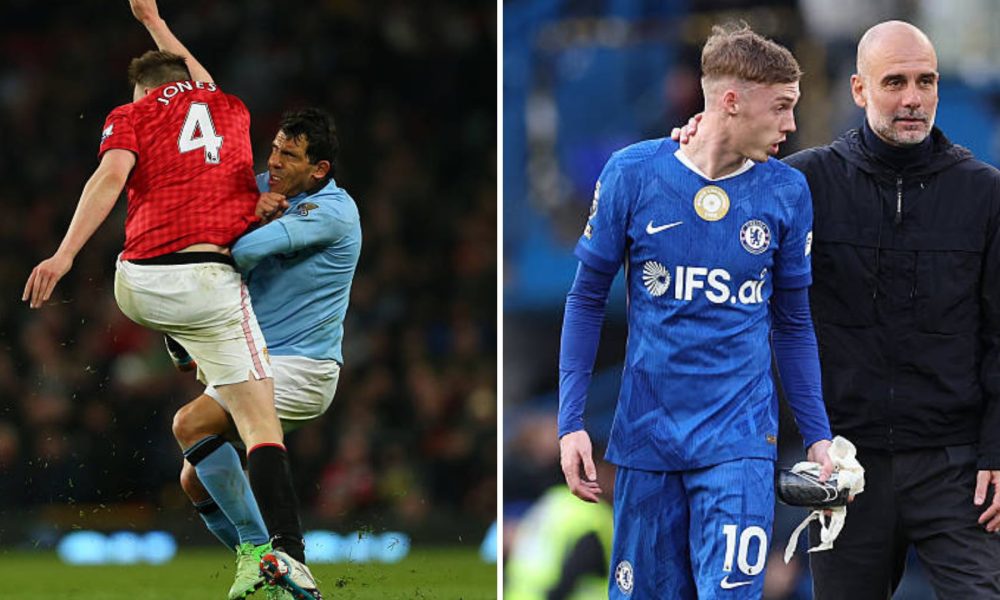 Split image featuring Cole Palmer and Carlos Tevez.