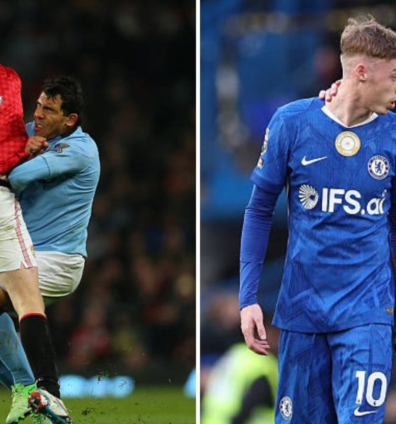 Split image featuring Cole Palmer and Carlos Tevez.