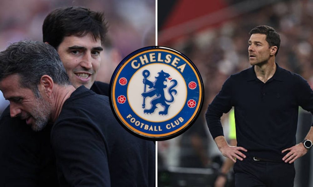 Split image featuring Andoni Iraola and Xabi Alonso with a Chelsea crest in-between.